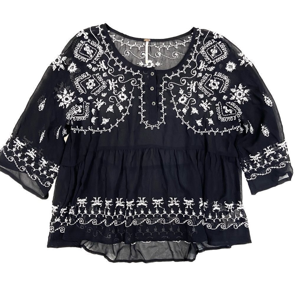 Embroidered Black Peasant Blouse with White Contrast Stitching